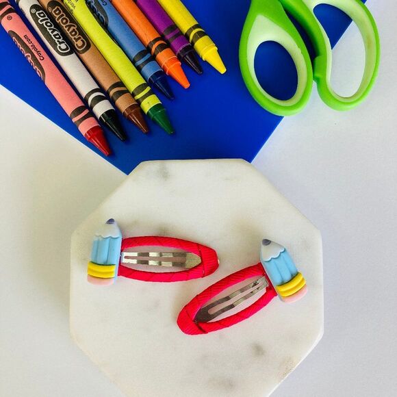 Back to School Snap Clips Set 2 pcs for Girls -Toddler Barrette Handmade - Picture 1 of 4